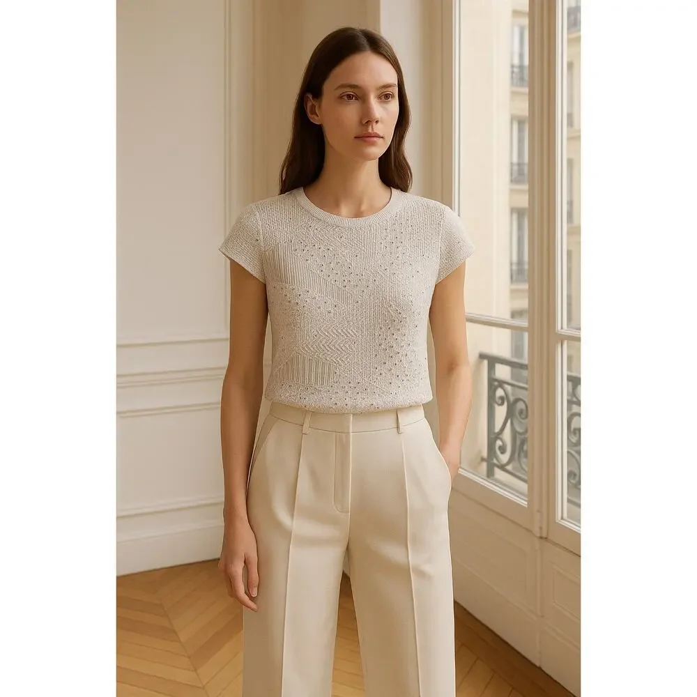 ALICE + OLIVIA Embellished Mesh Blouse White Silver Beaded Sheer Sz Small Bride - Picture 5 of 10